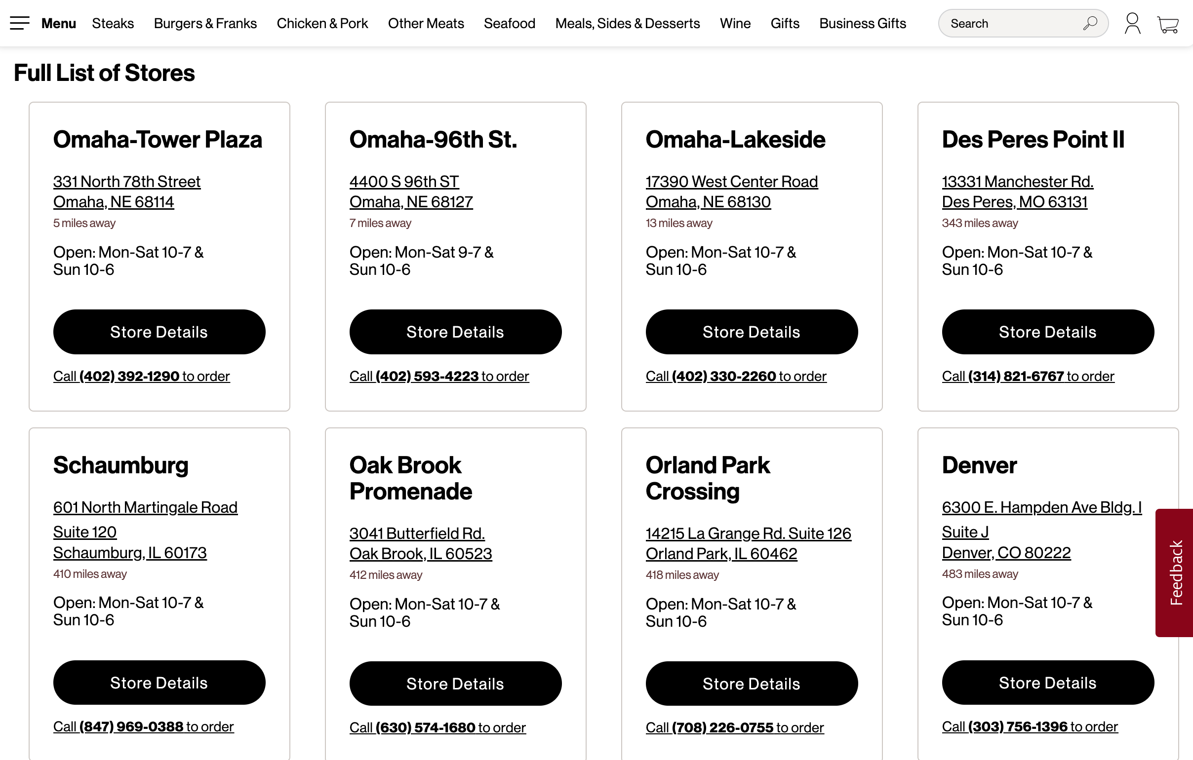 The "Full List of Stores" page on the Omaha Steaks website with different store locations and store details featured