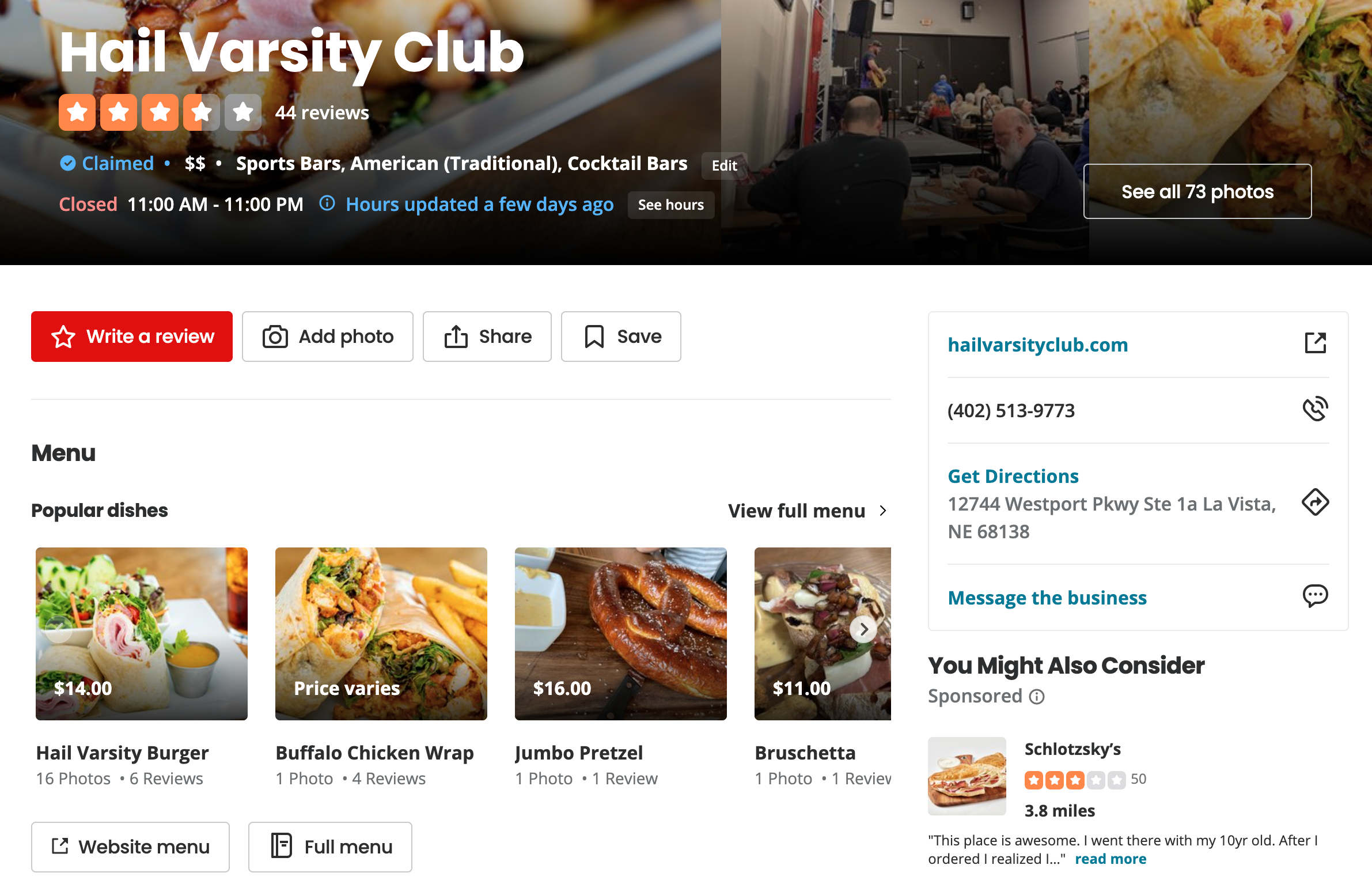 Screenshot of Hail Varsity Club Yelp page with all business details like business category, address, menu items, and more filled out