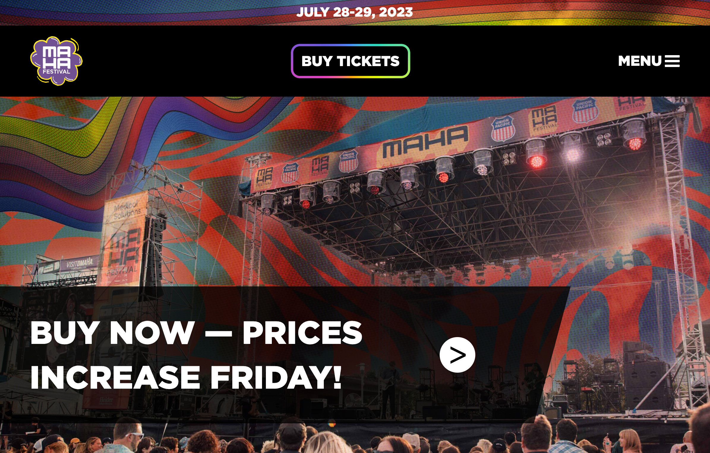 The home page of Maha Music Festival's website, with a Buy Ticket link and festival dates
