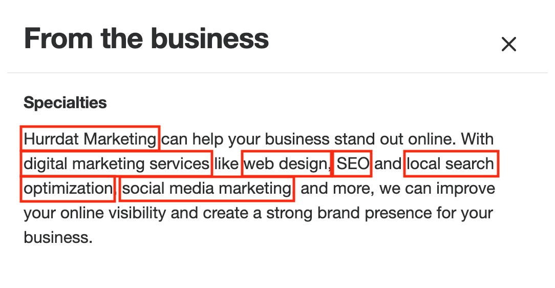Screenshot of "From the Business" section on Yelp for Hurrdat Marketing with red boxes around service and brand keywords