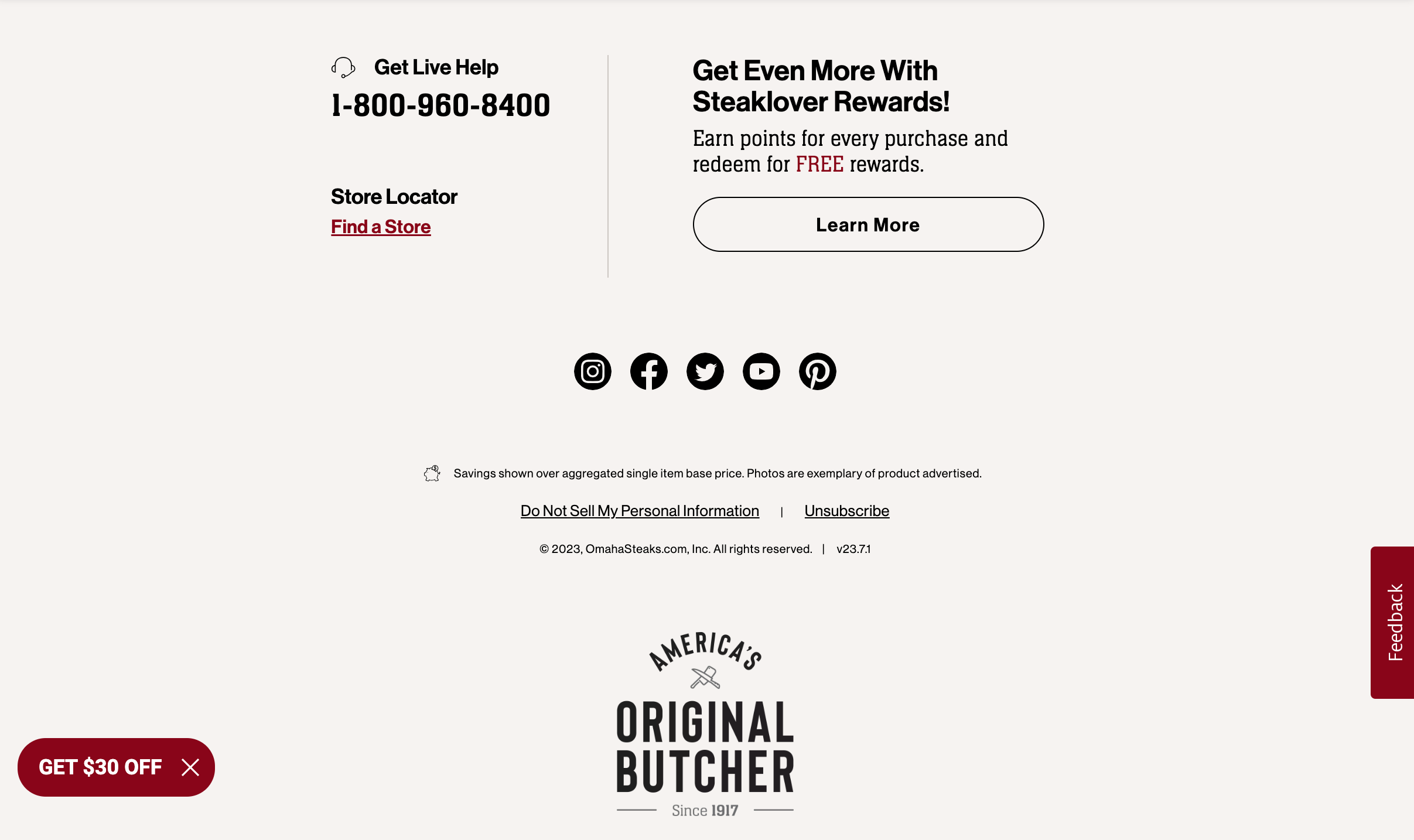 The page footer from the Omaha Steaks website, with a live help customer service phone number, social media links, rewards program information, and unsubscribe links