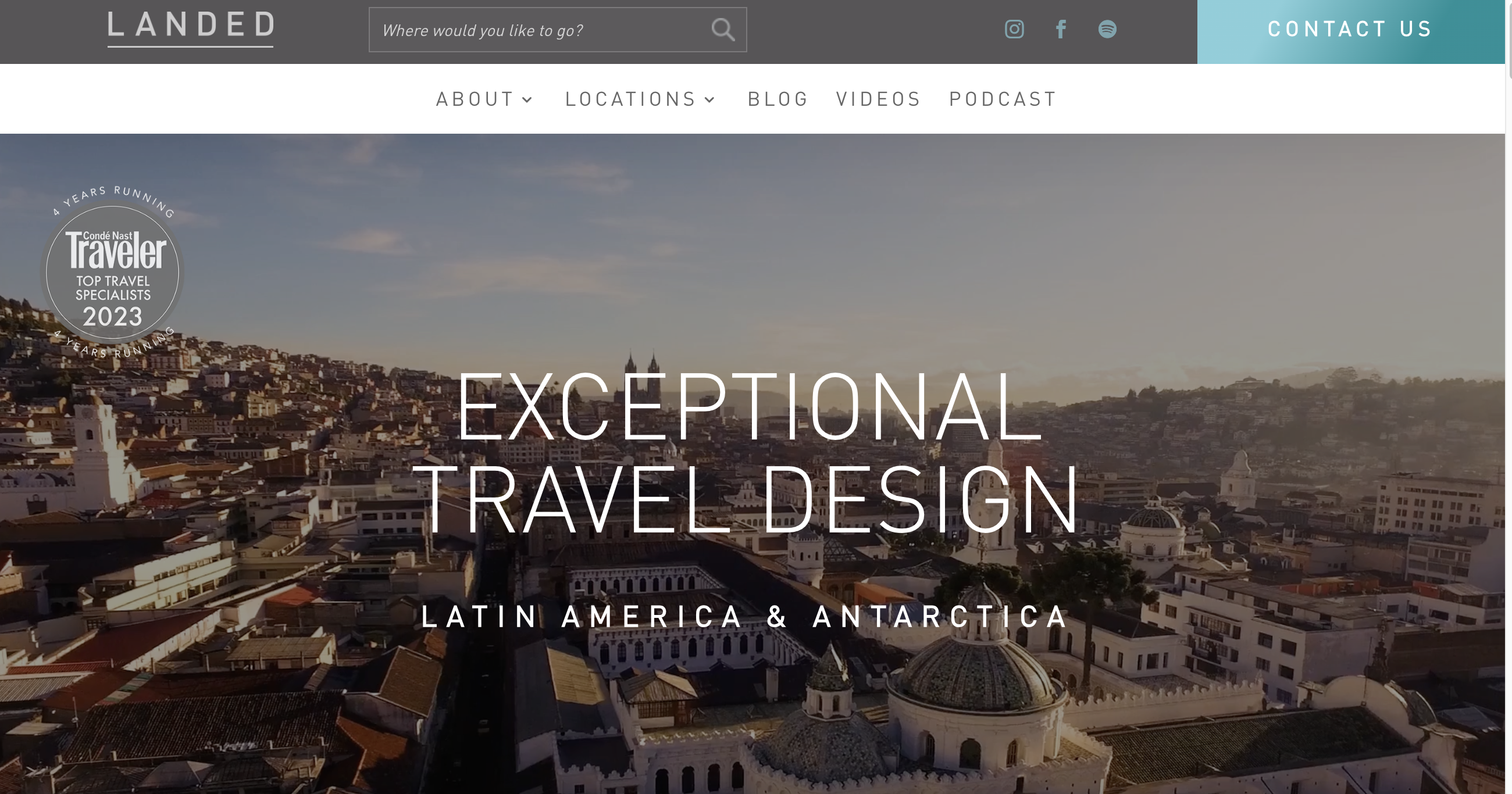 Screenshot of LANDED Travel homepage