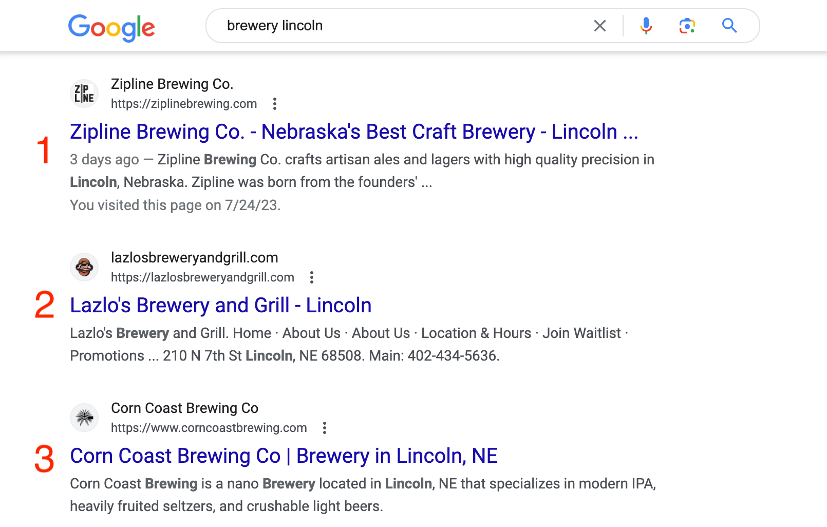 Search results for "brewery Lincoln" with the first three results numbered