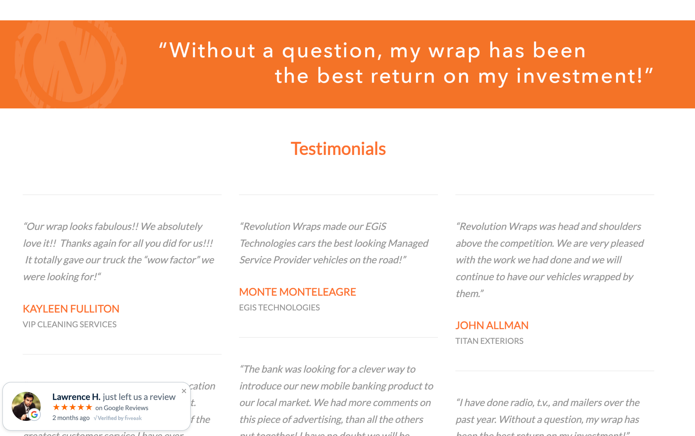 Revolutions Wraps' testimonials page featuring a few quotes from happy customers
