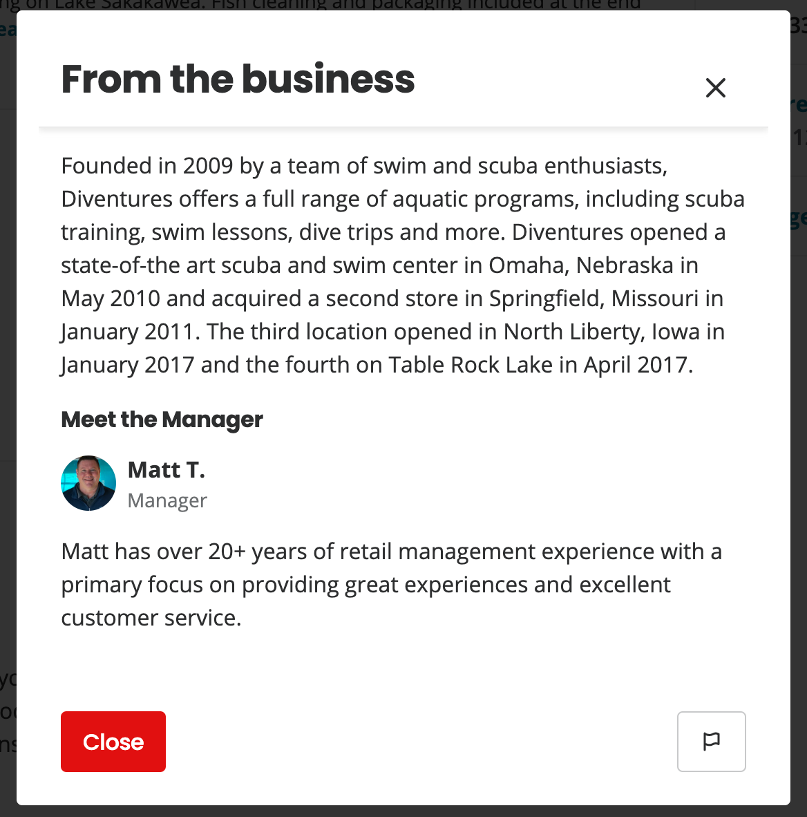 Screenshot of "From the Business" section on Yelp for Diventures and the manager, Matt T.
