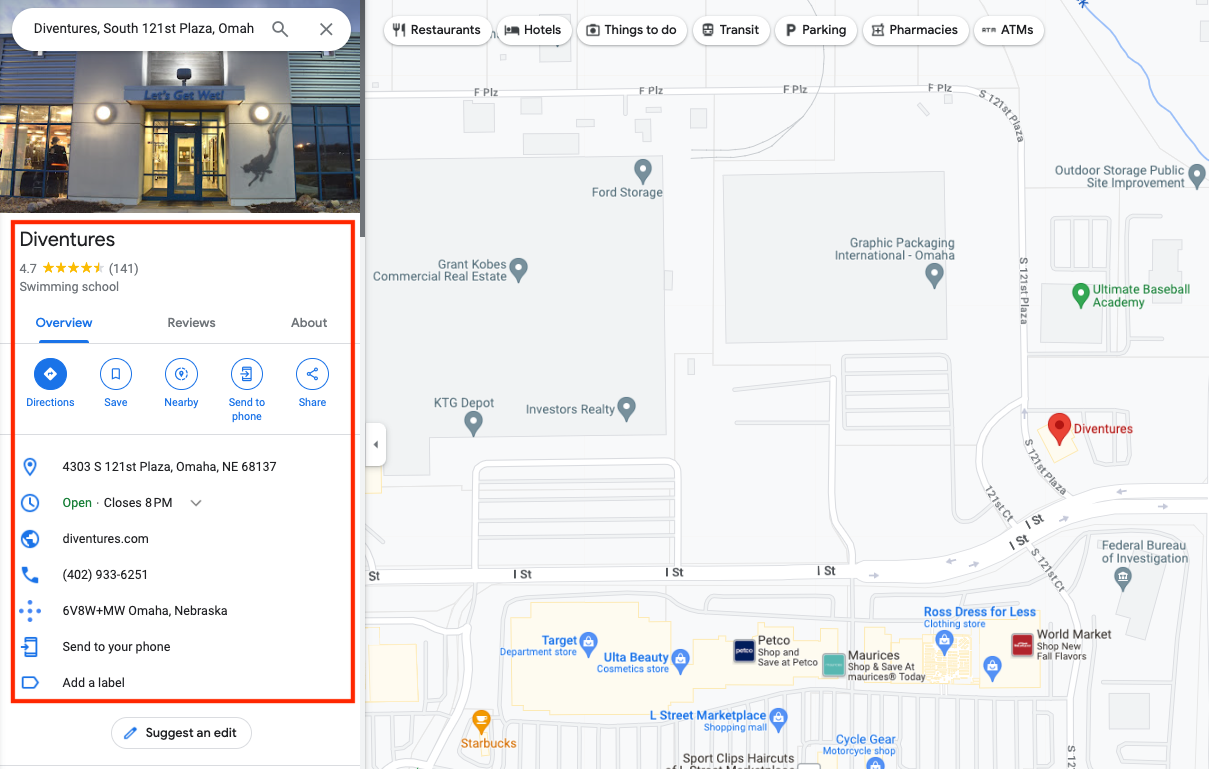 Screenshot of Diventures on Google Maps surrounded by red box 