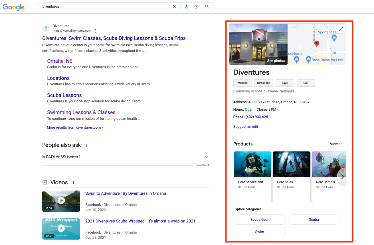 Screenshot of Diventures knowledge panel in red box on Google Search