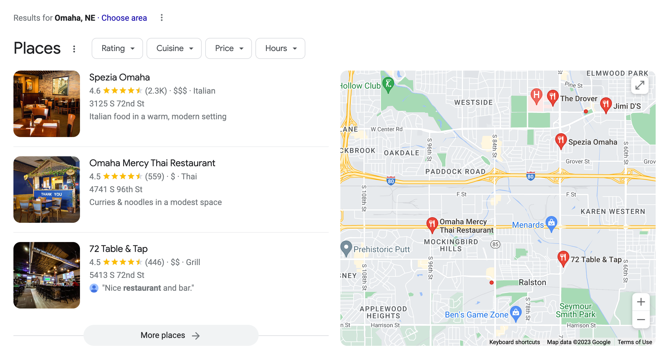 Screenshot of top three places in Google Map Pack for restaurants in Omaha with Spezia Omaha, Omaha Mercy Thai Restaurant, and 72 Table & Tap appearing