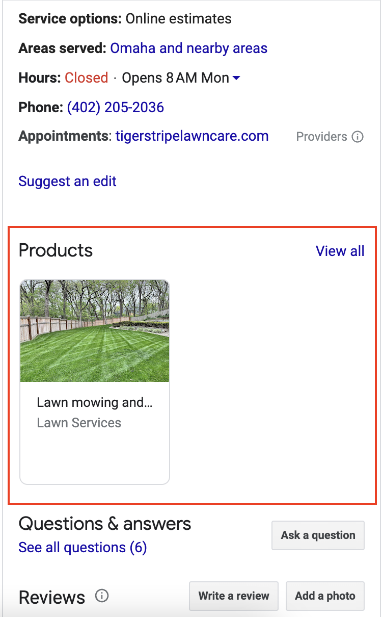 Screenshot of Google Business Profile knowledge panel for Tiger Stripe Lawn Care with red box around products section