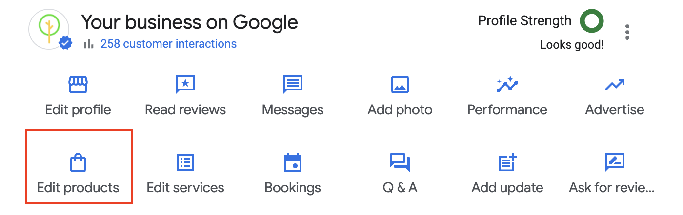 Screenshot of Your business on Google panel for Google Search with red box around "Edit products" button