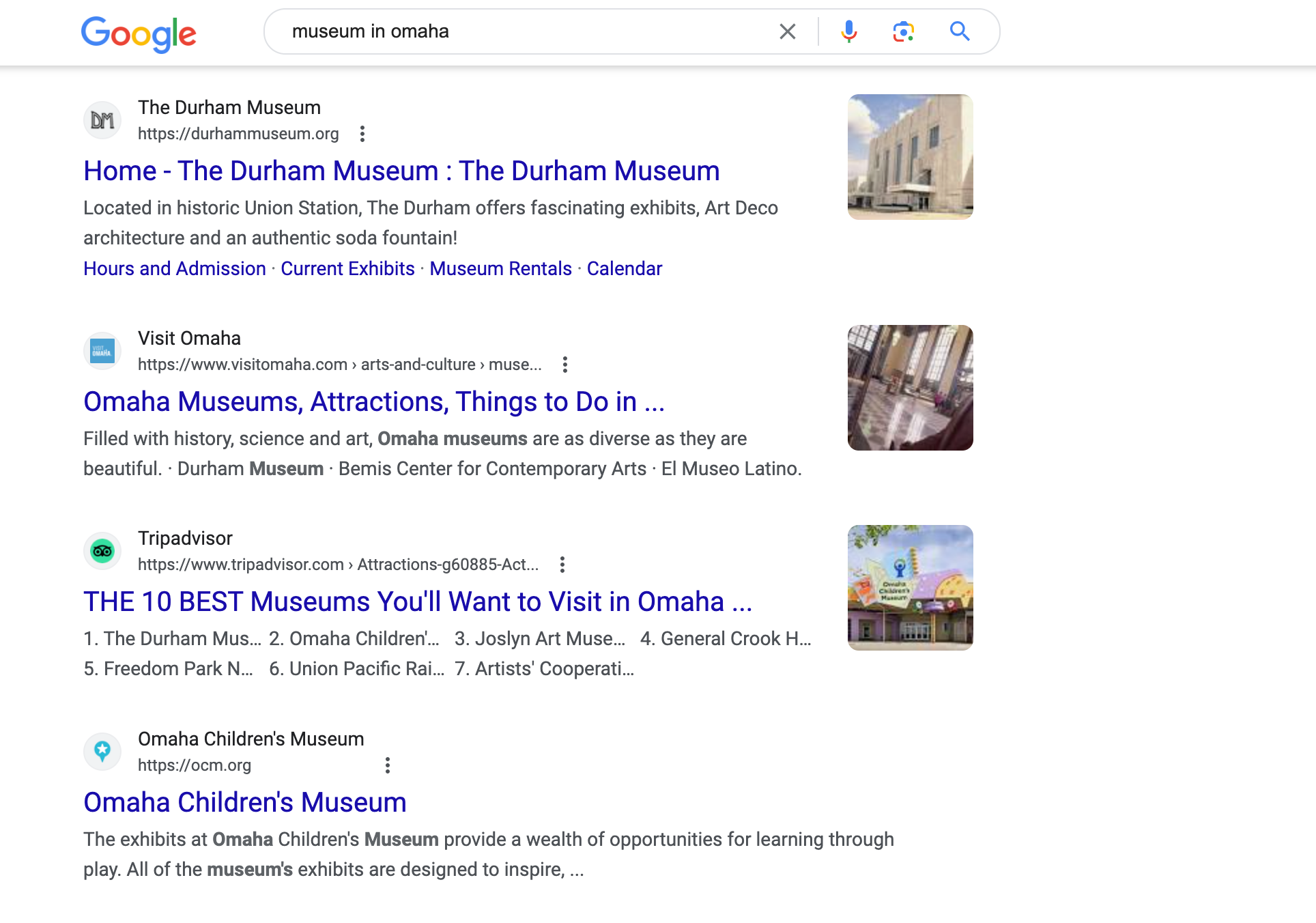 Screenshot of organic search results for "museums in Omaha" with top four domains being the Durham Museum, Visit Omaha, TripAdvisor, and Omaha Children's Museum