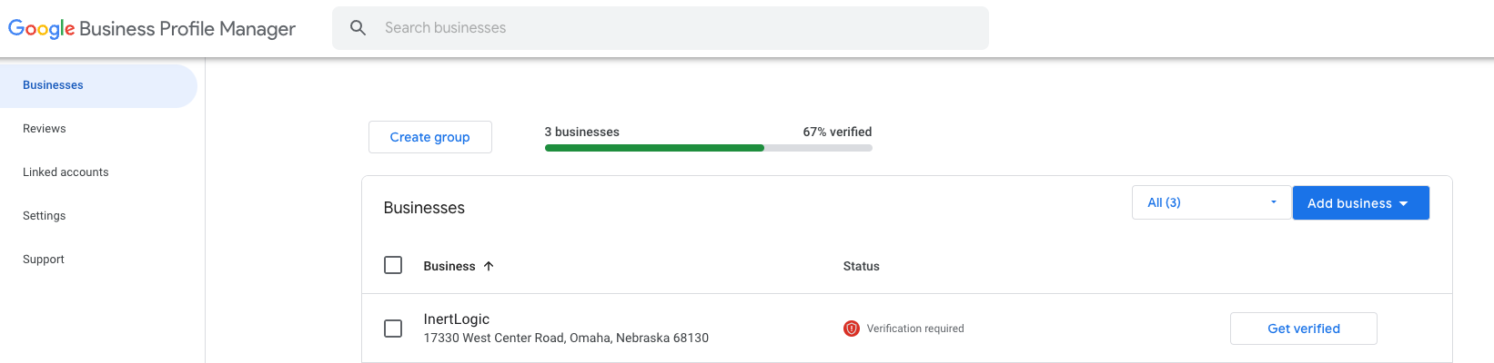 Screenshot of Google Business Profile manager with verification required status for IntertLogic