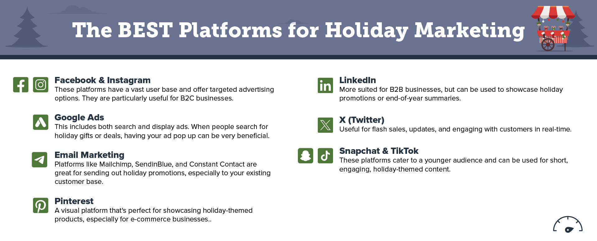 Infographic that lists the top nine social media and other platforms for small businesses to advertise on over the holidays, including Facebook, Instagram, Google Ads, Email Marketing, Pinterest, LinkedIn, X (Twitter), Snapchat, and Tiktok