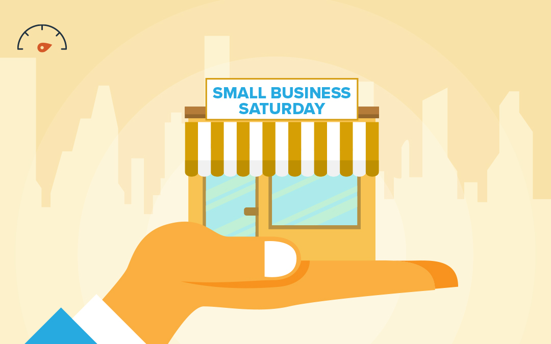 Hand holding a small business store with glass door, glass window, orange and white striped awning, and a small business saturday sign