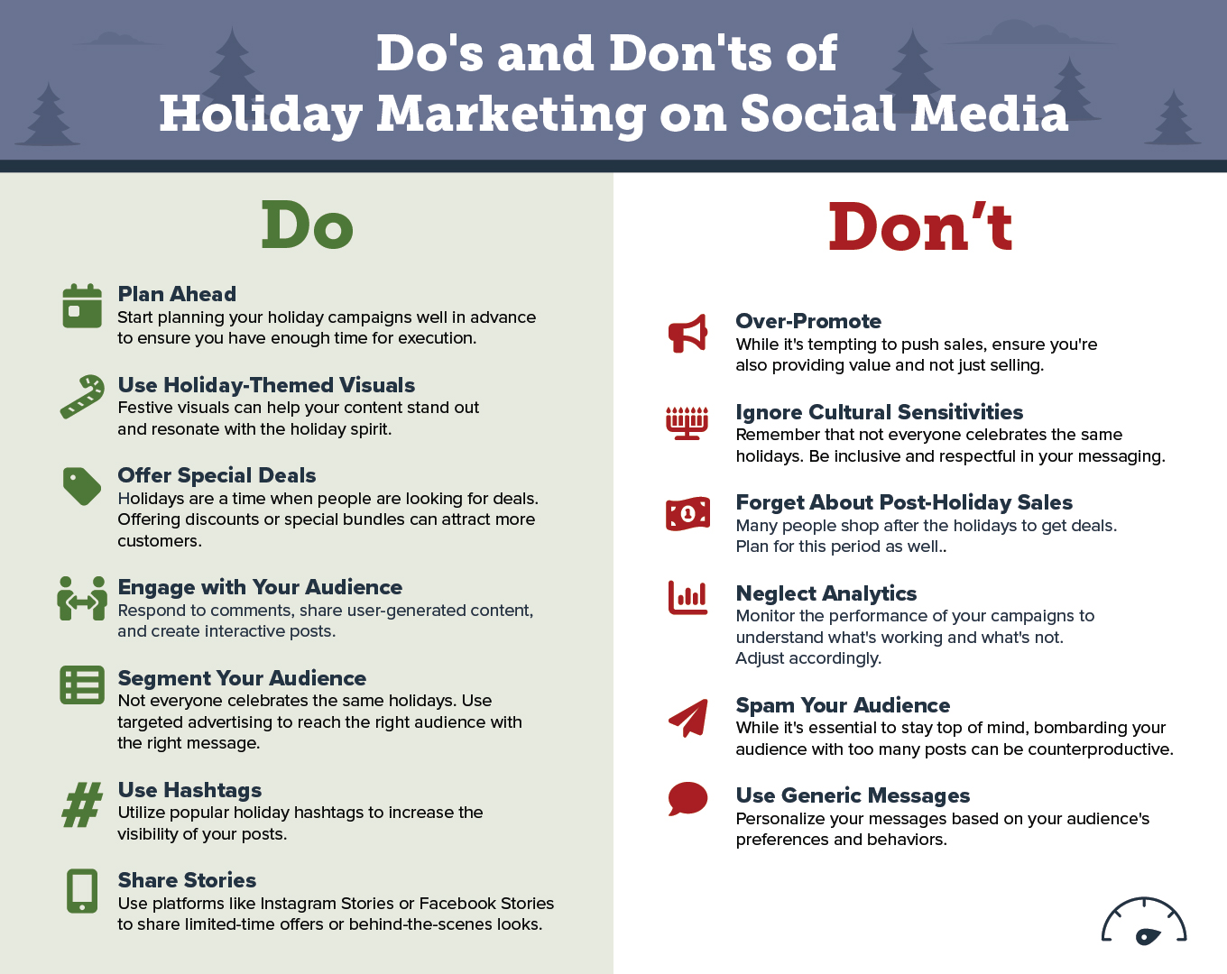 Infographic of two columns, one "do" and the other "don't" with advice on best practices for holiday advertising on social media for small businesses
