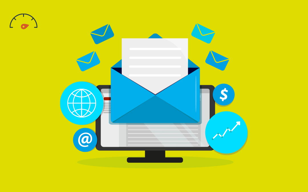 Featured Image for email marketing strategies for small businesses with white letter popping out of blue envelope in front of desktop computer