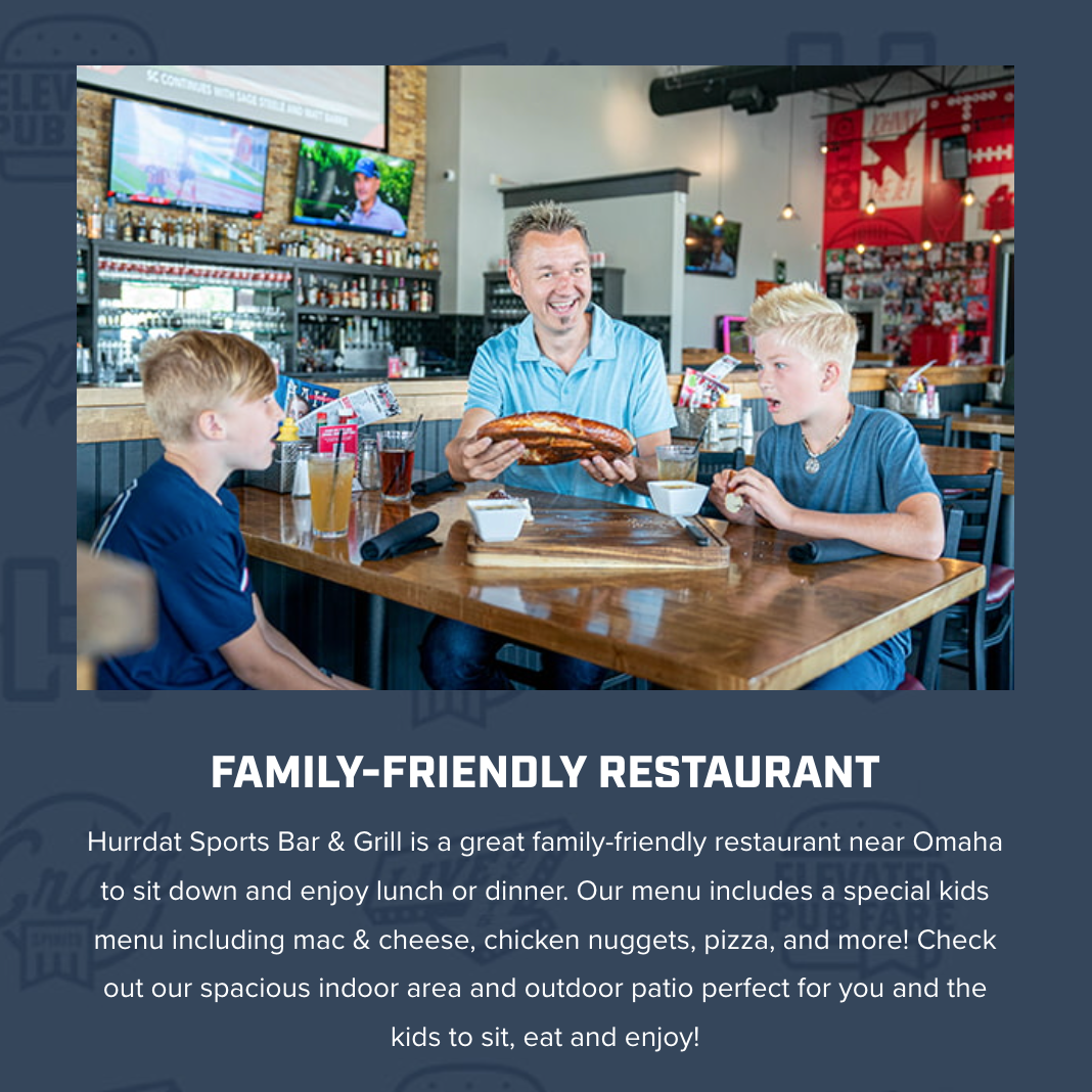 Screenshot of Hurrdat Sports Bar website copy with header about family-friend sports bar in La Vista