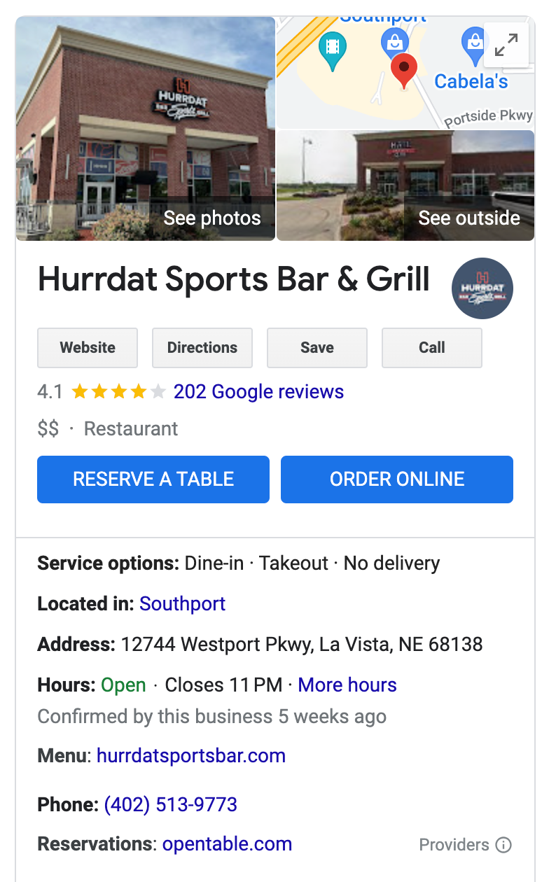 Screenshot of Hurrdat Sports Bar & Grill's Google Business Profile as an example of a local business listing