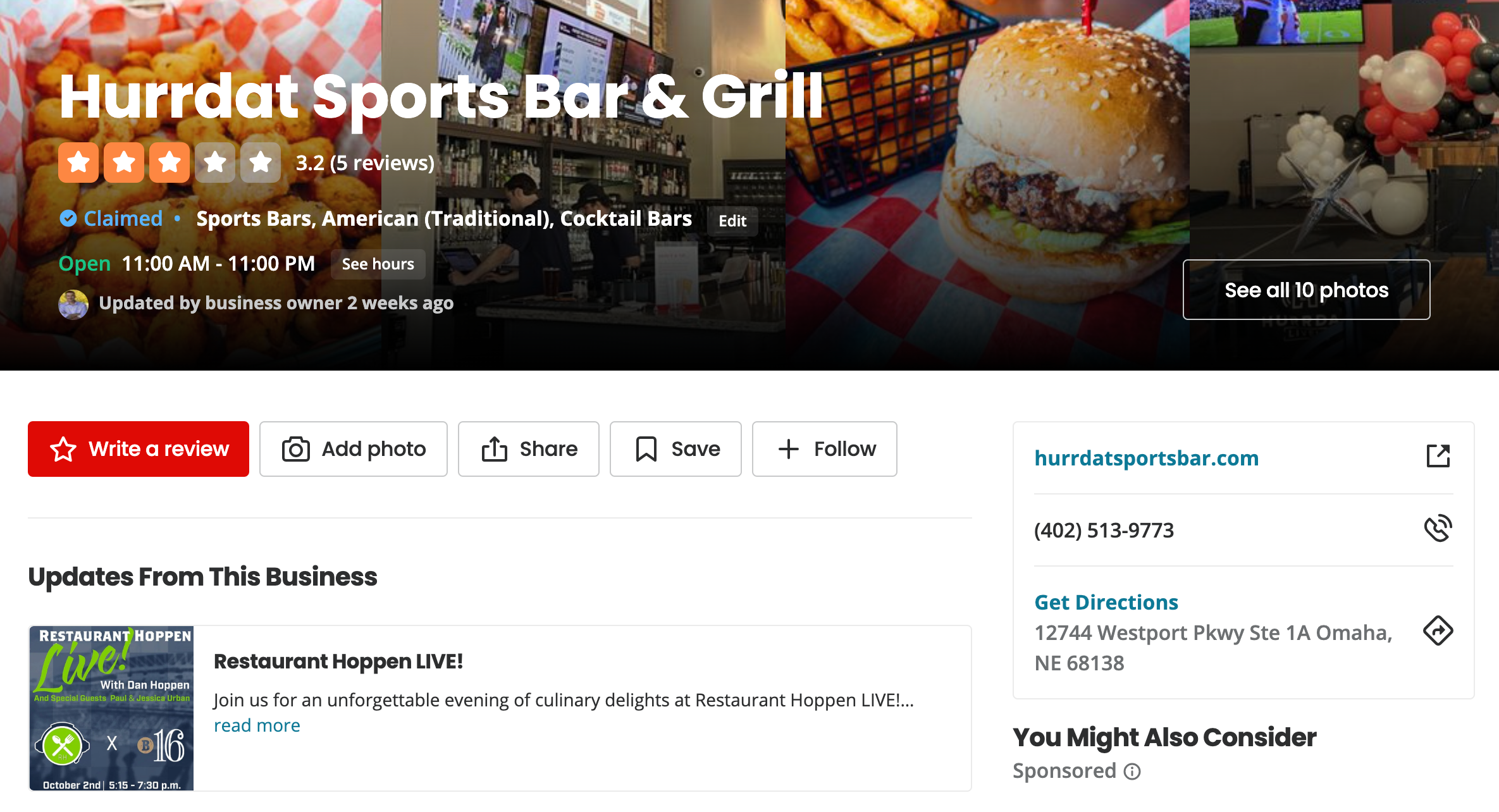 Screenshot of Hurrdat Sports Bar & Grill's Yelp page