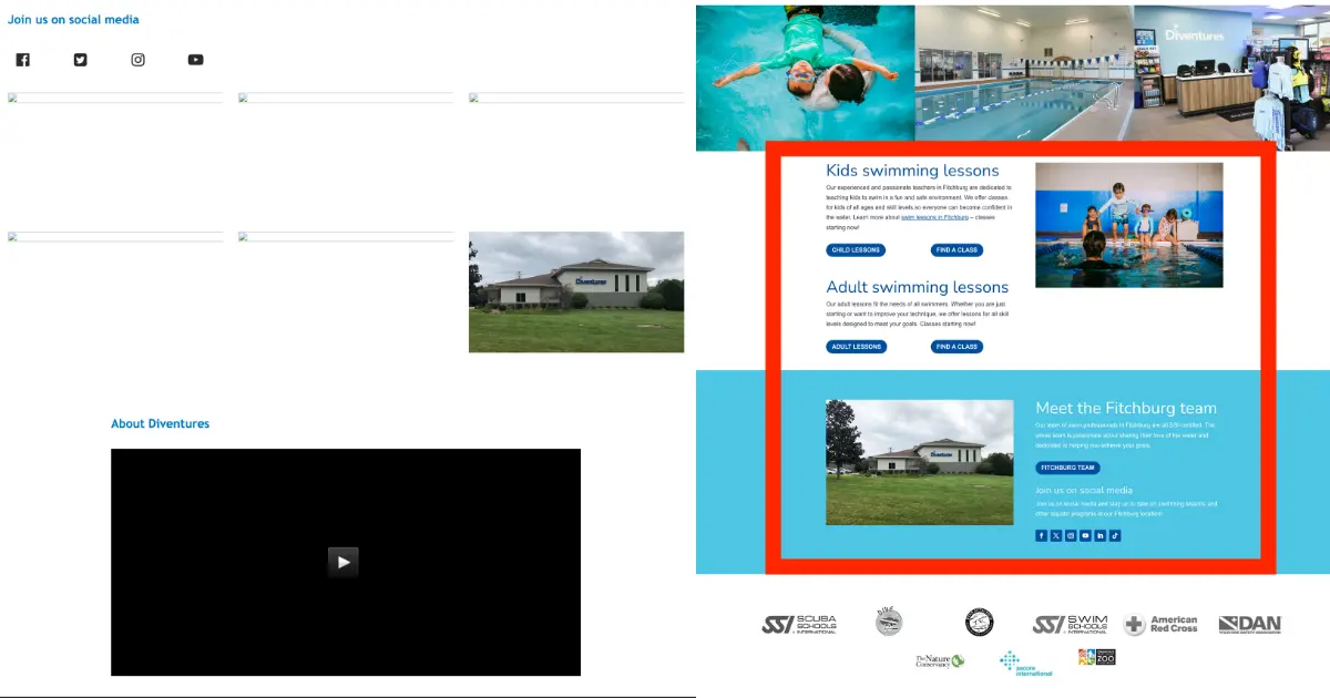Screenshot of old version of Diventures Fitchburg location page on left and new version on right with red box around swimming lesson classes and meet the team sections