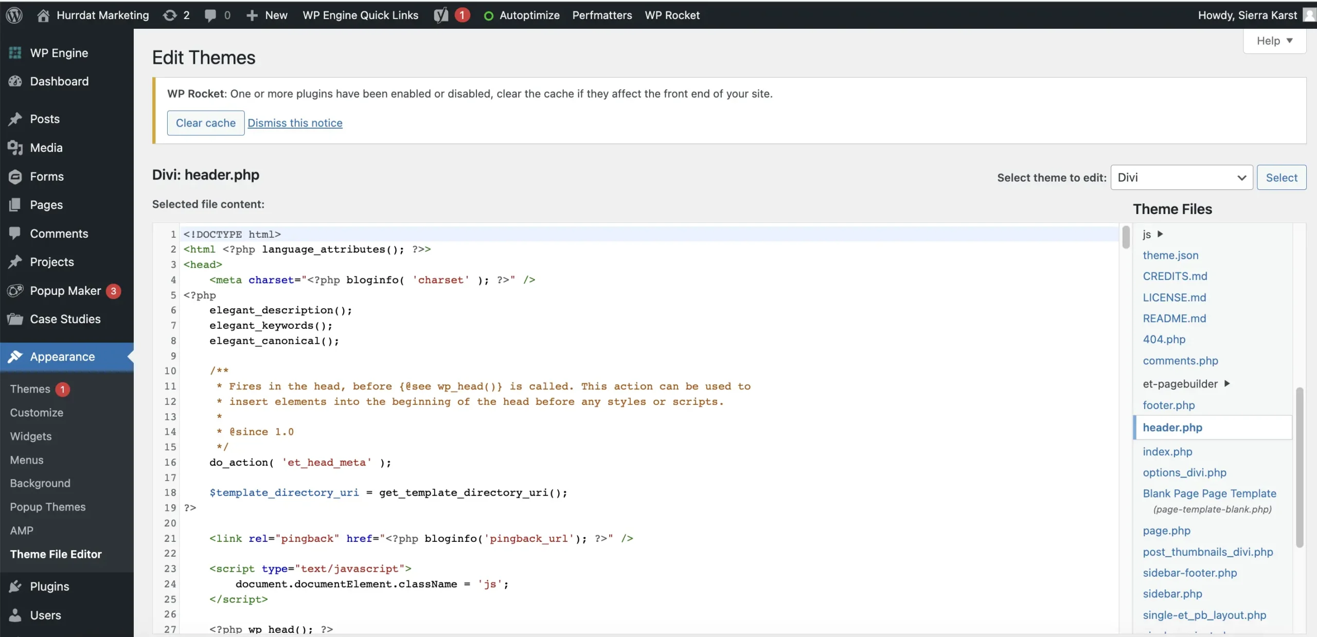 Screenshot of WordPress Appearance tab with header.php file open to show where you'd copy the hreflang tag code 