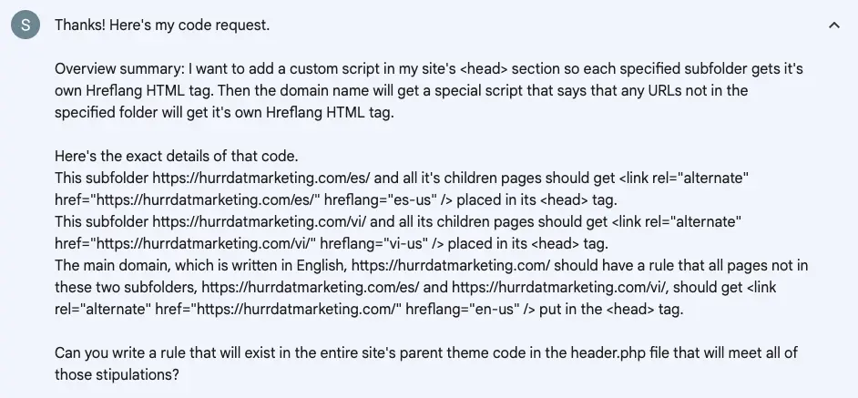 Screenshot of AI code request for custom scrpit in a website's <head> section for hreflang HTML tag subfolders.