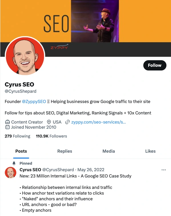 Screenshot of X account for Cyrus SEO