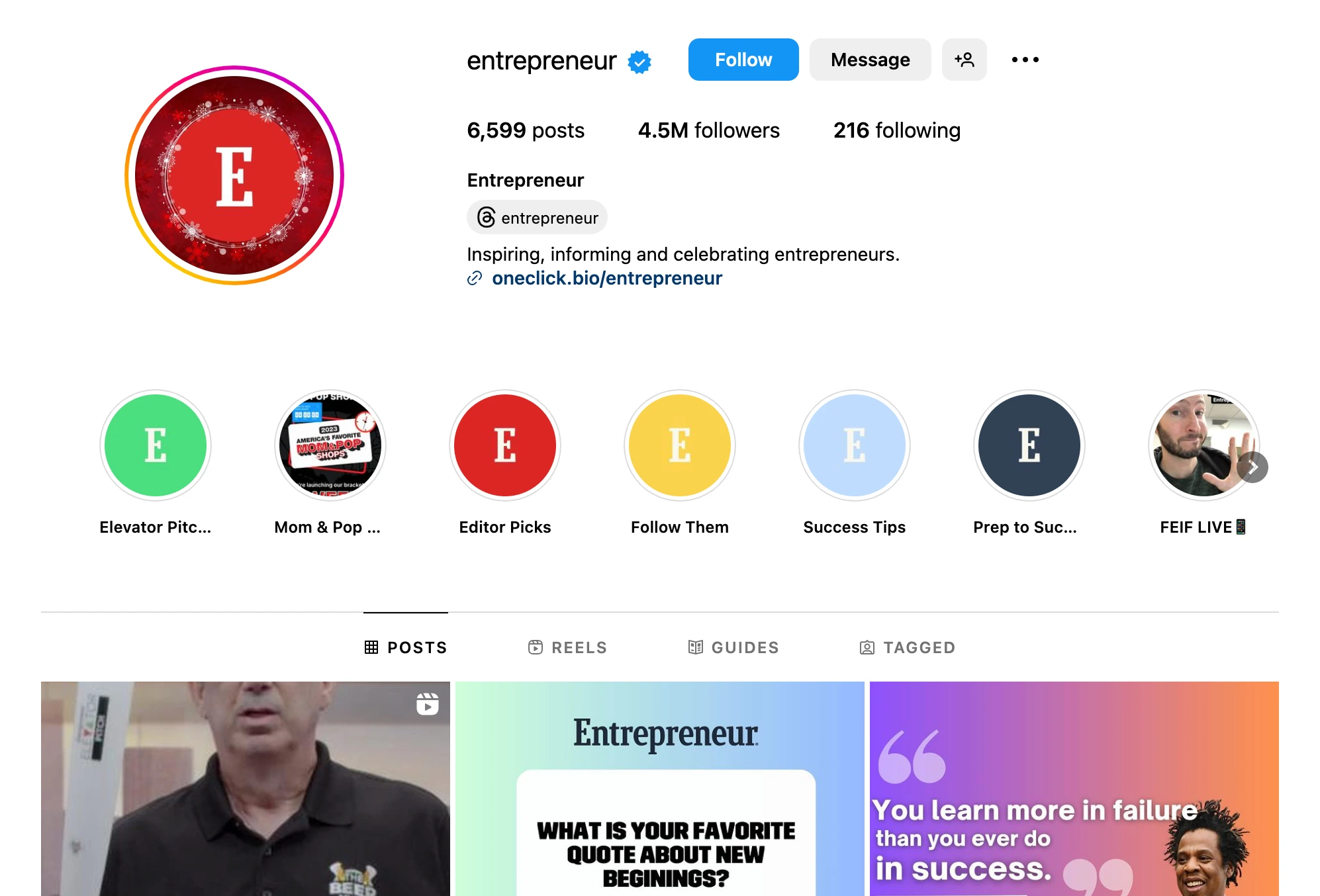 Screenshot of Instagram account for Entrepreneur