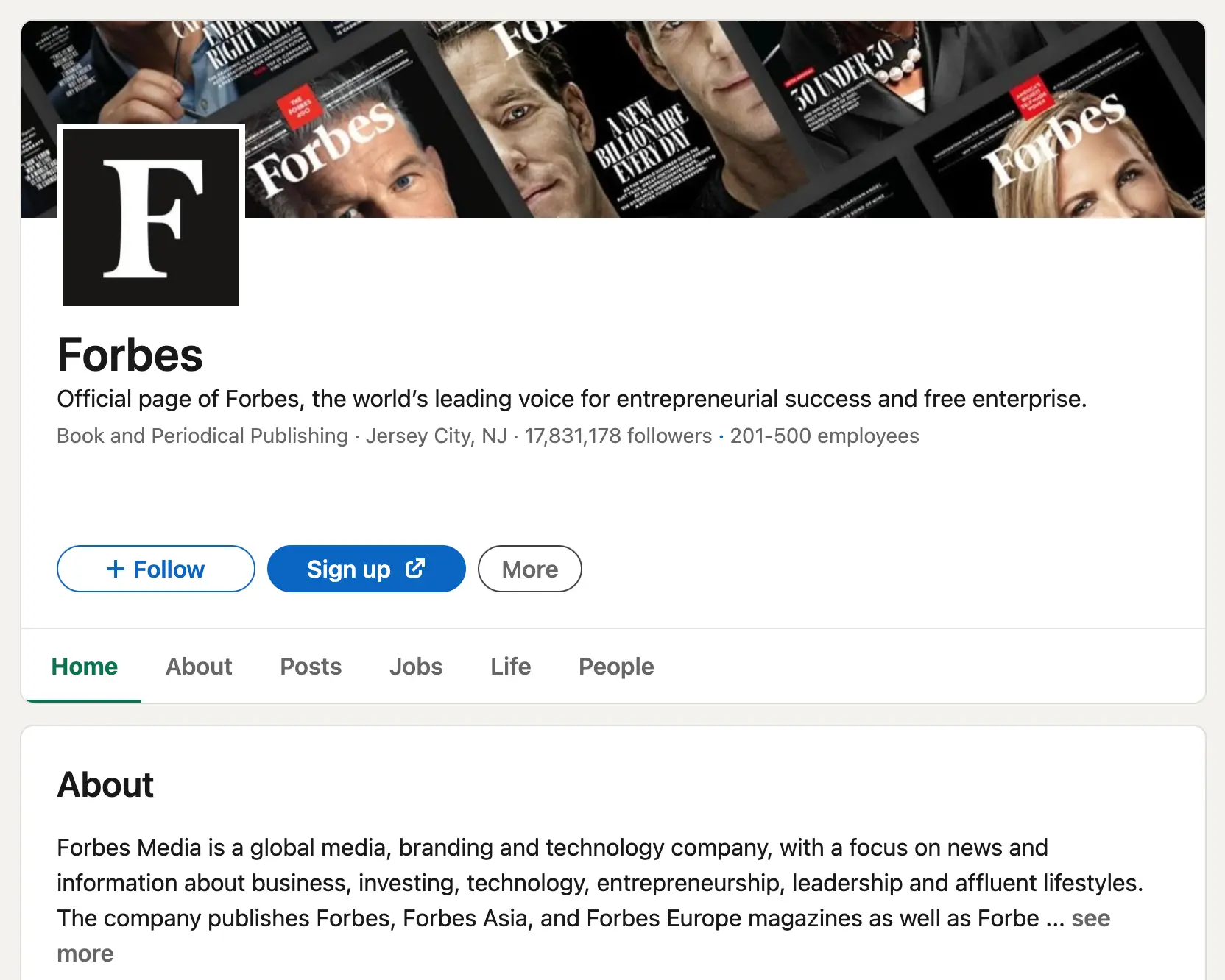Screenshot of LinkedIn page for Forbes
