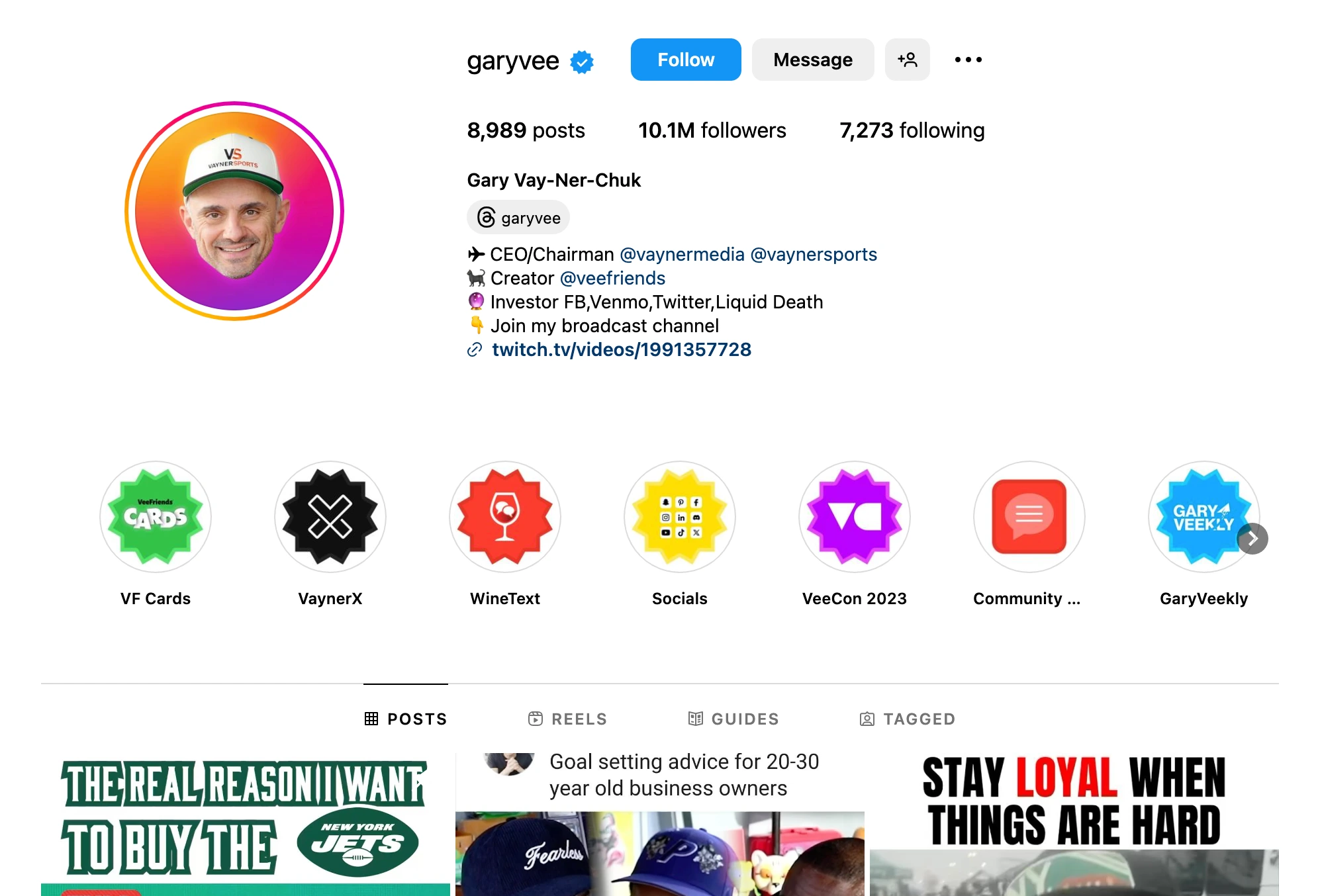 Screenshot of Instagram account for Gary Vaynerchuk