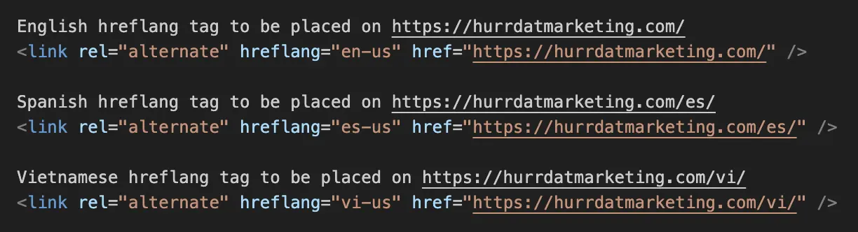 Screenshot of Hurrdat Marketing's homepage hreflang tags in English, Spanish, and Vietnamese
