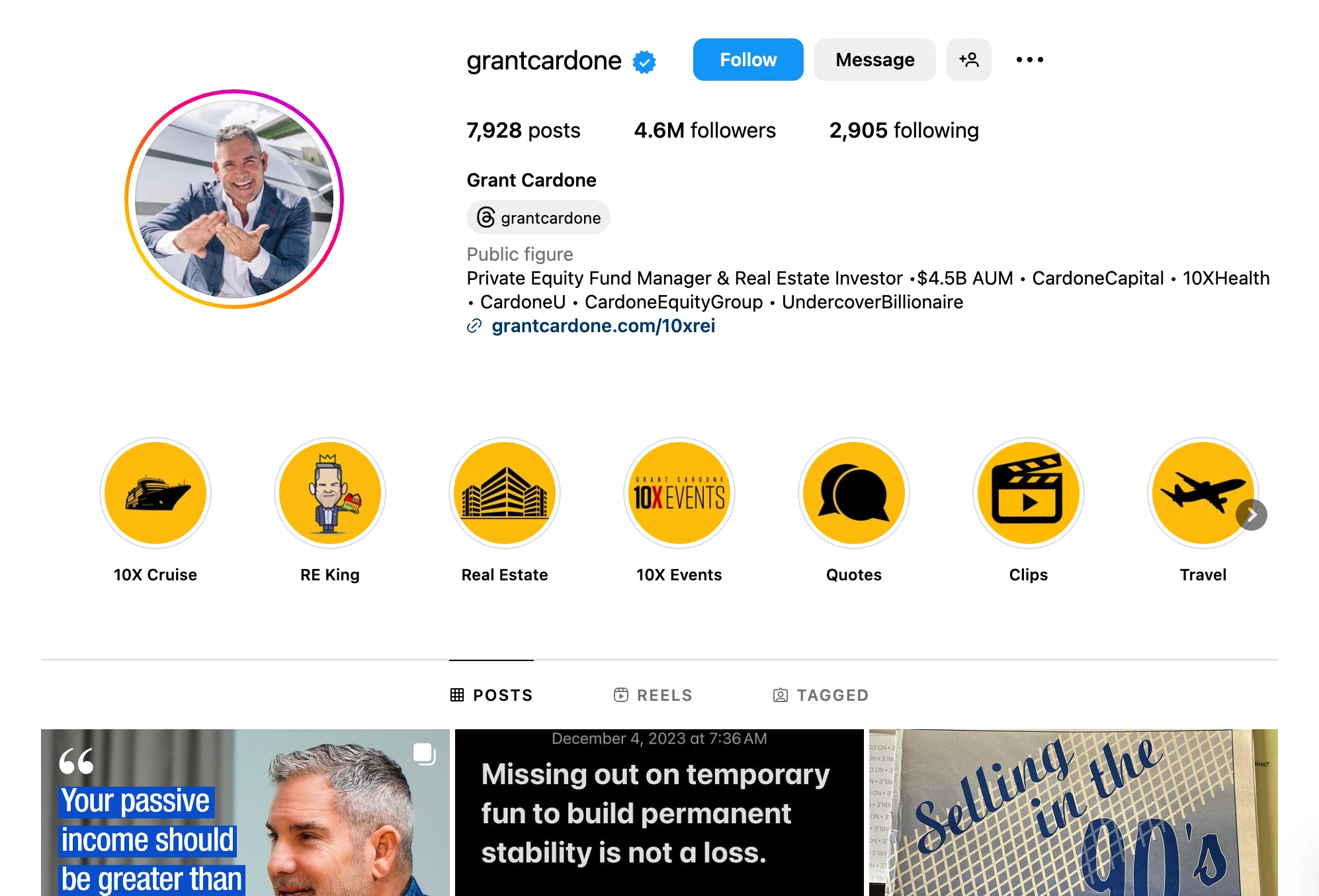 Screenshot of Instagram account for Grant Cardone