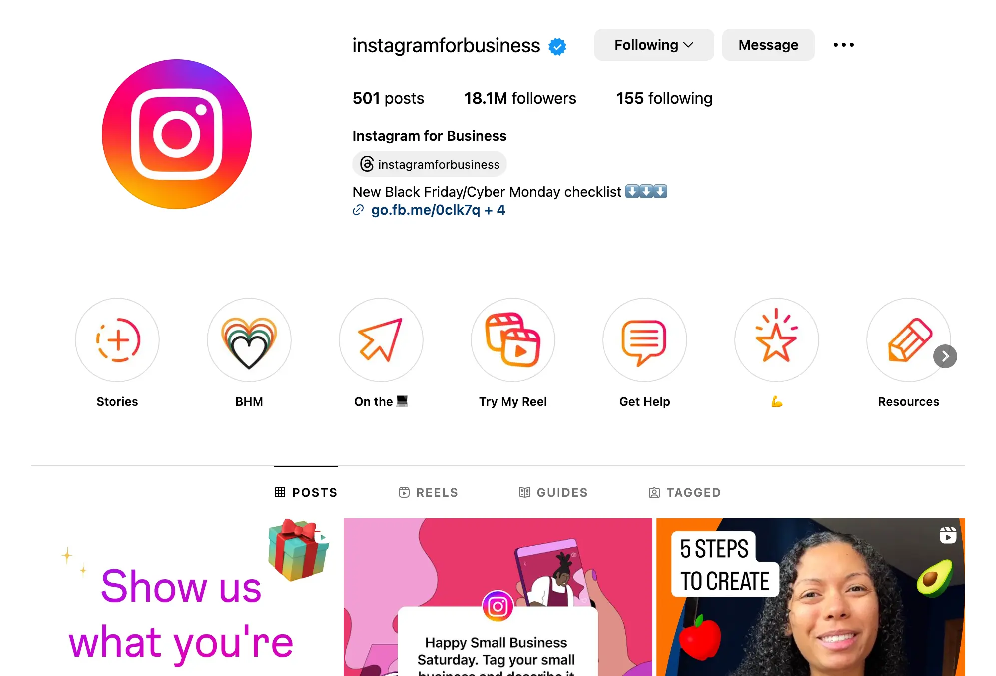 Screenshot of Instagram account for Instagram for Business