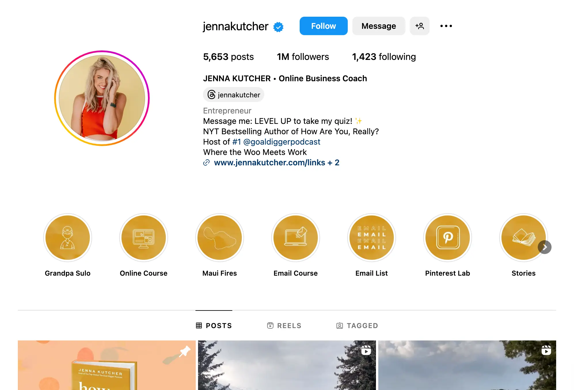 Screenshot of Instagram account for Jenna Kutcher