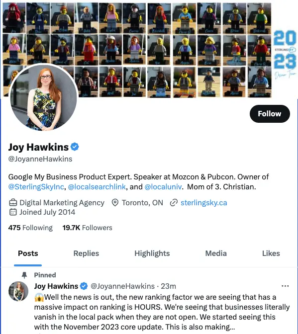 Screenshot of X account for Joy Hawkins