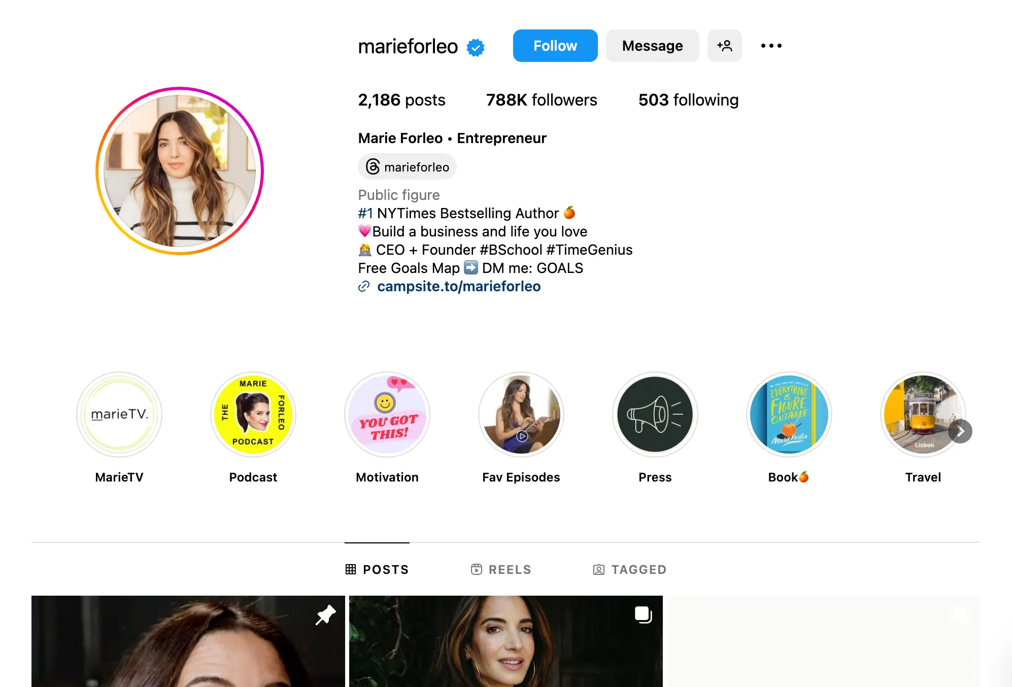 Screenshot of Instagram account for Marie Forleo