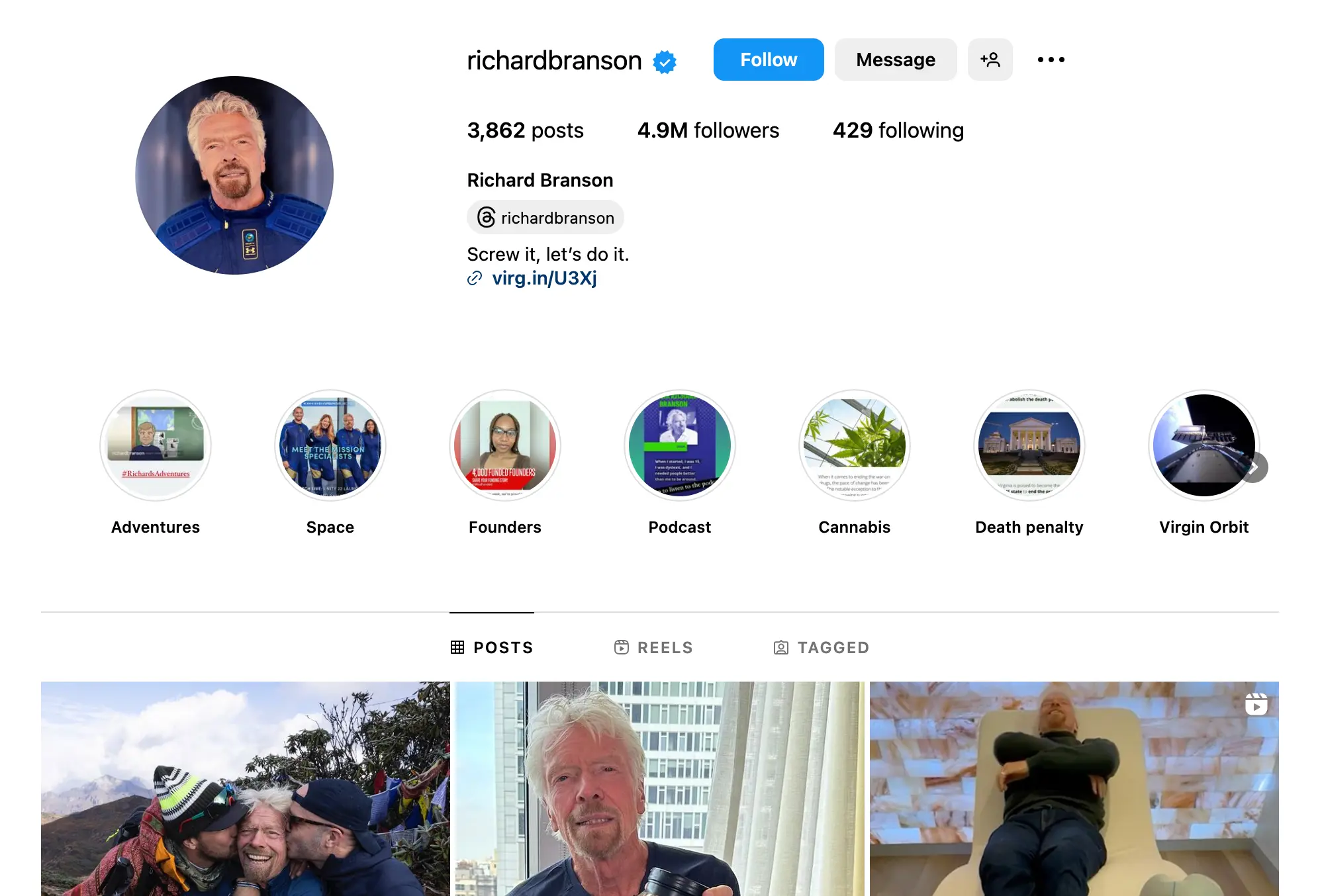 Screenshot of Instagram account for Richard Branson