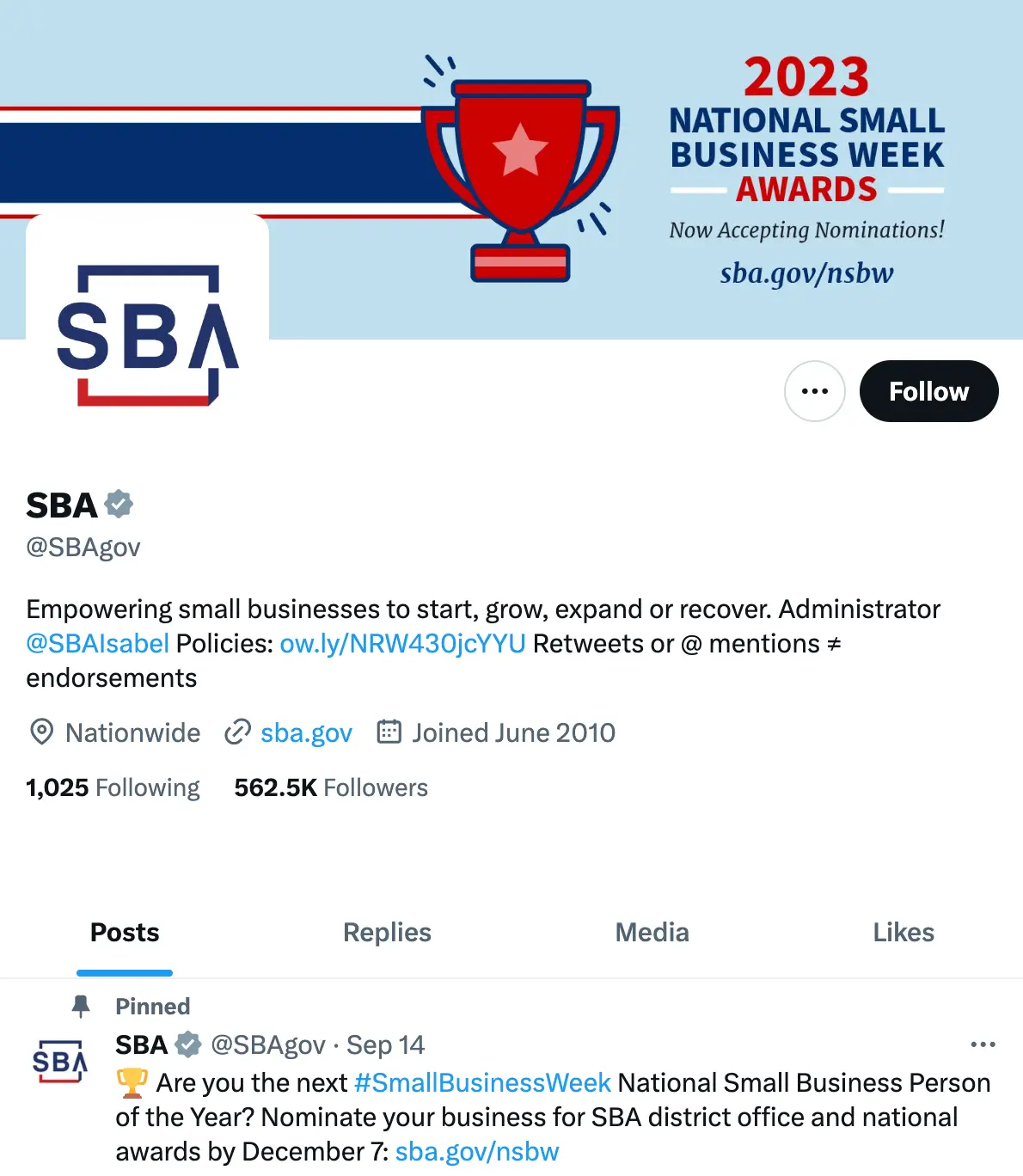 Screenshot of X account for Small Business Administration