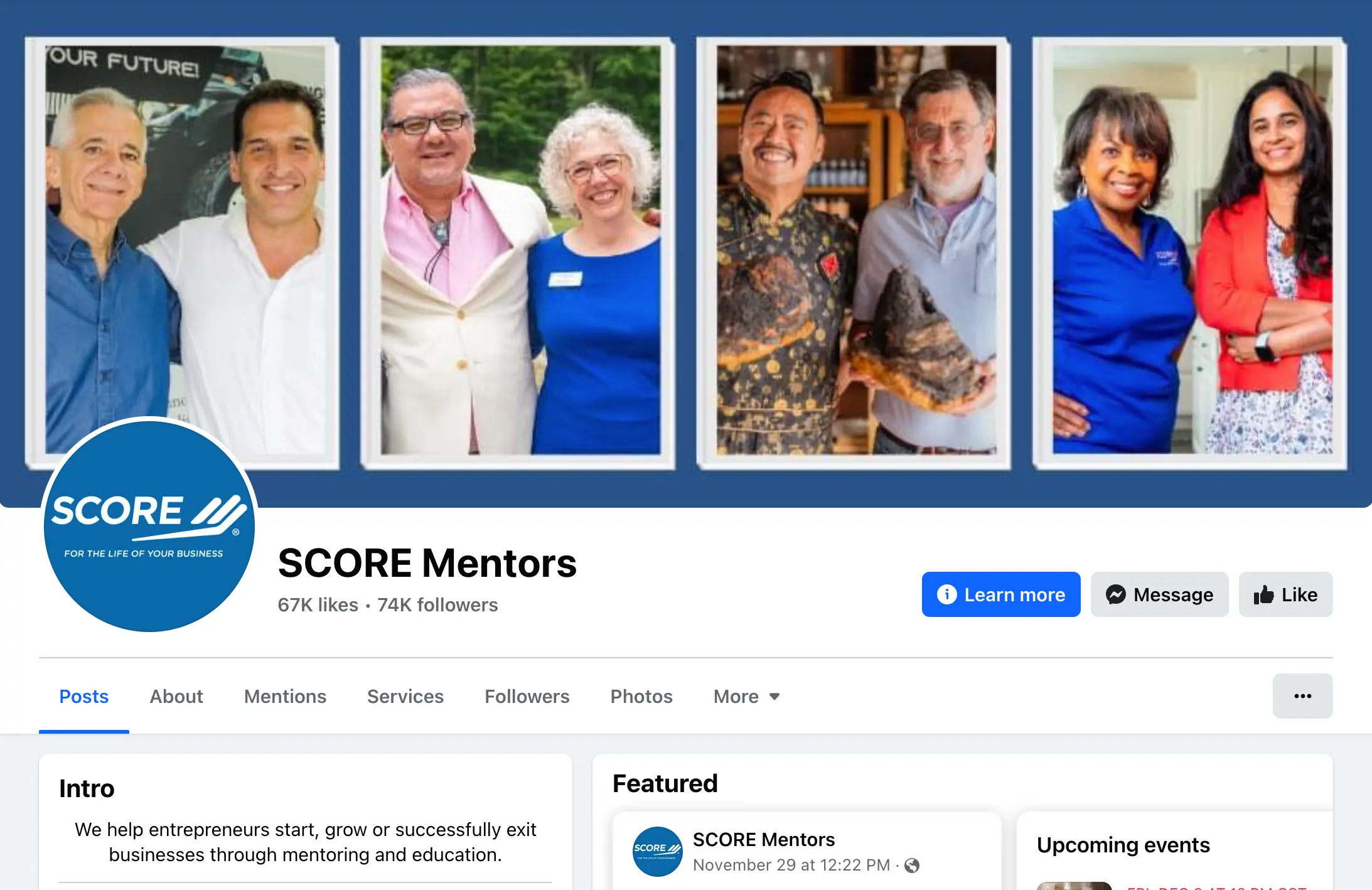 Screenshot of Facebook page for SCORE Mentors