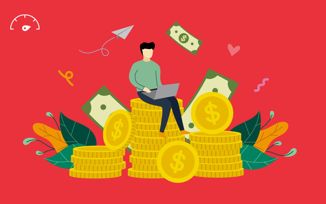 Graphic of man with laptop sitting on top of a pile of coins to be featured image for How Much Should a Small Business Spend on Marketing?