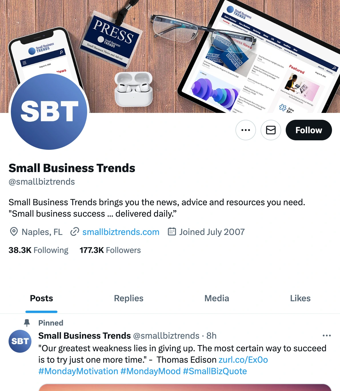 Screenshot of X account for Small Business Trends