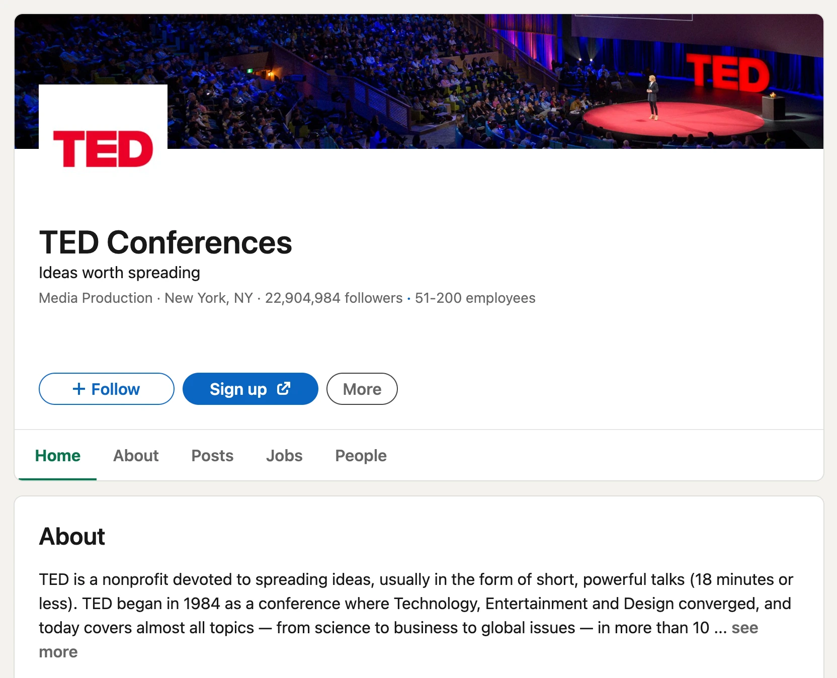 Screenshot of LinkedIn page for TED Conferences