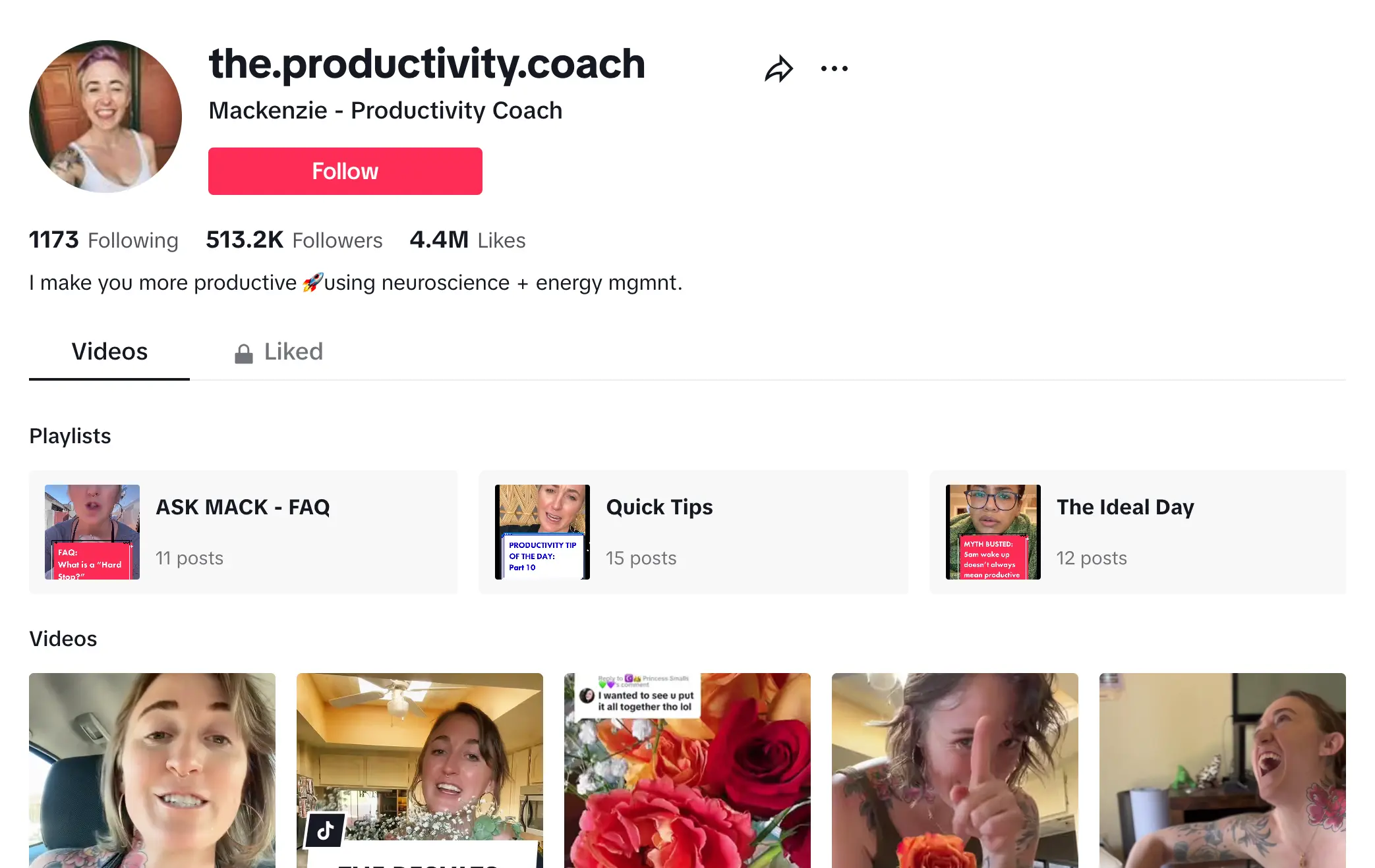 Screenshot of TikTok page for The Productivity Coach