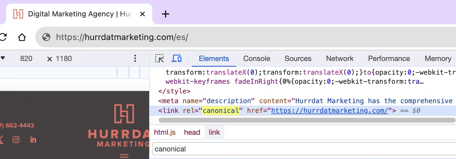 Screenshot of Inspect code on Hurrdat Marketing website with canonical tag highlighted